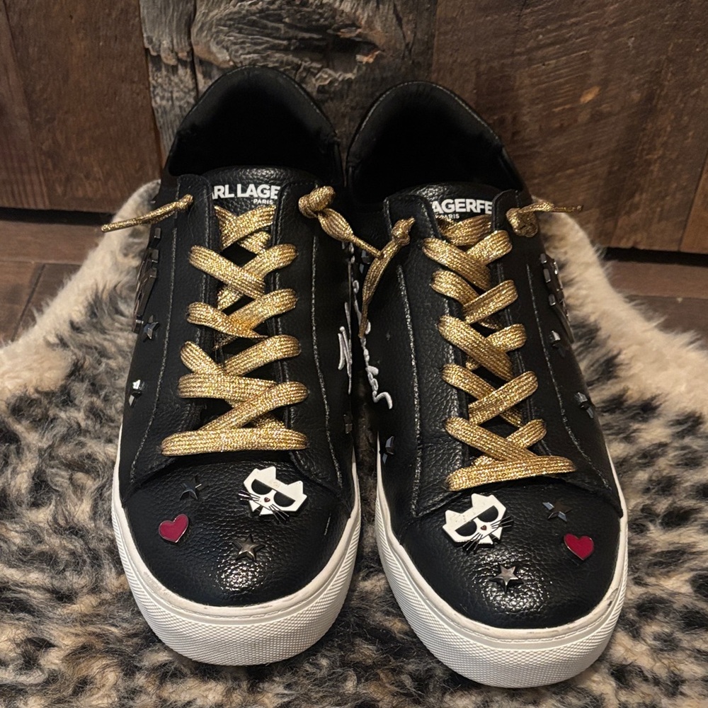 Karl Lagerfeld Black Sneakers with Gold Laces